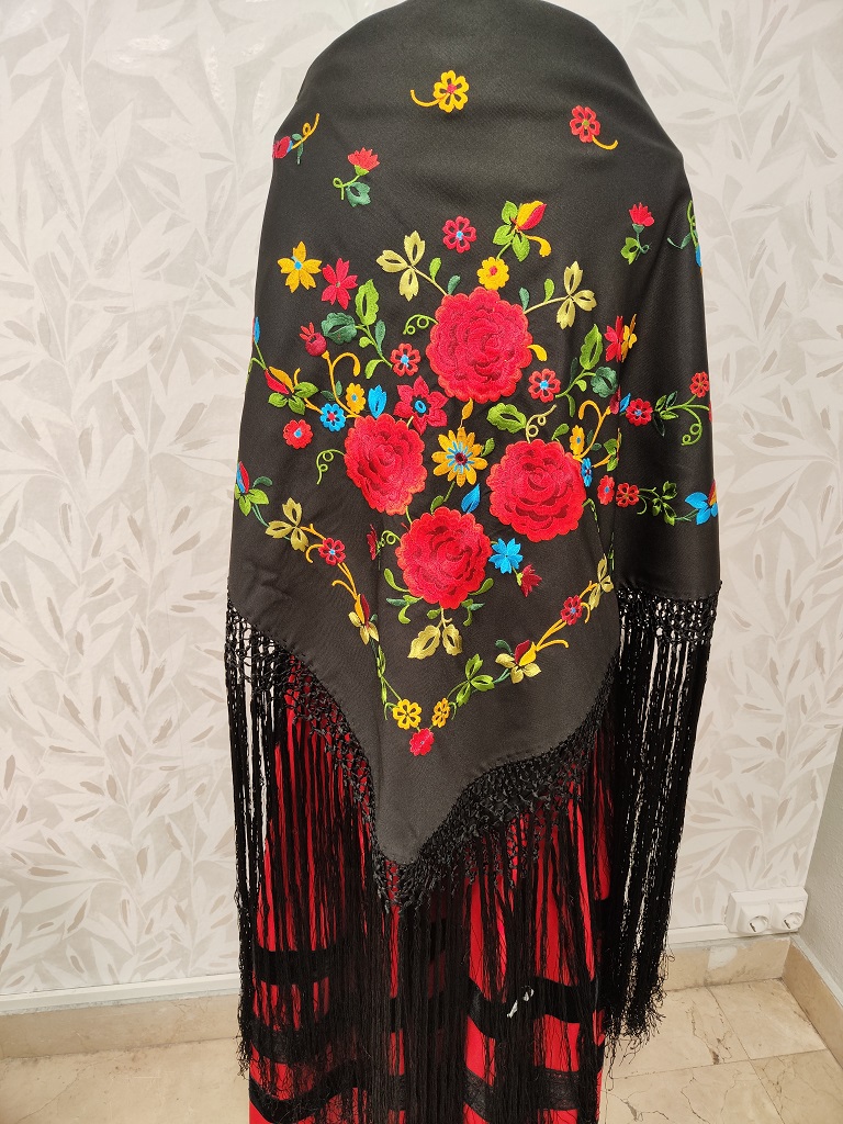 Mantón sarga 4 Rosas Rojo/Verde